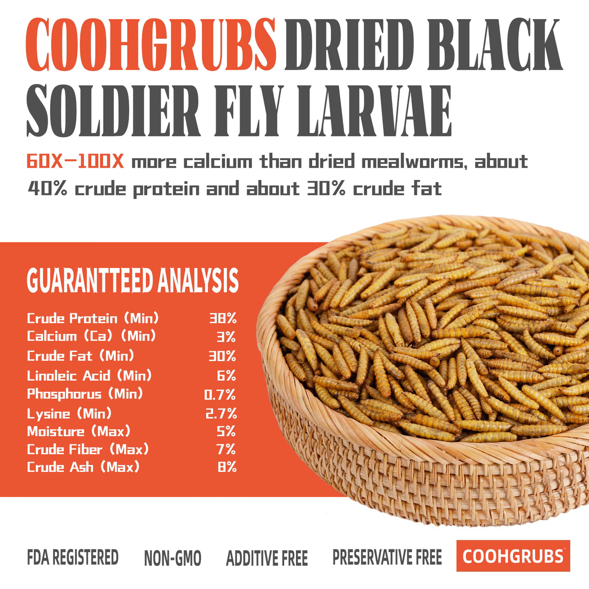 COOHGRUBS Dried Black Soldier Fly Larvae for Chickens, High-Calcium 85X More than Mealworms Bird Treat, 5-lb Box